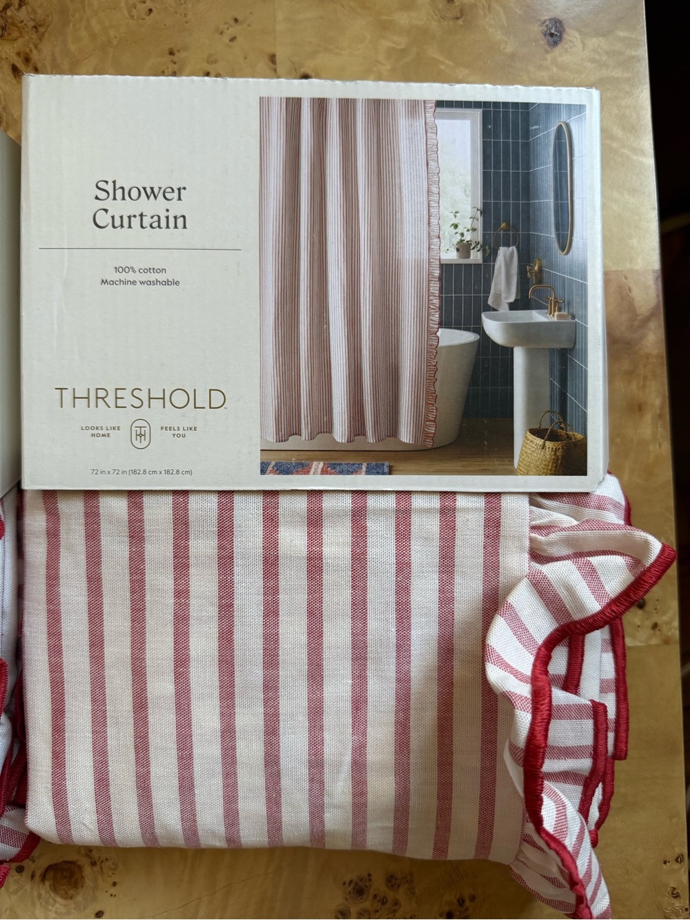 Threshold Pink and White Striped Shower Curtain